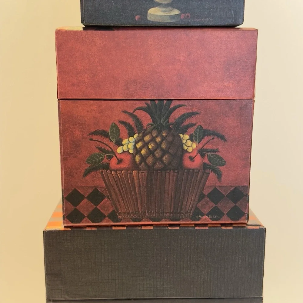 VTG Bob's Boxes Fruits & Flowers Nesting Boxes set of 5 w Lids Festive primative